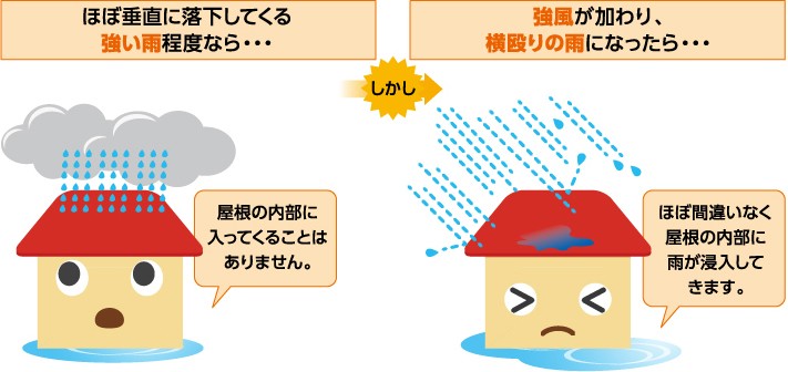 強風の加わる暴雨は屋根の内部まで侵入する