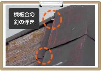 棟板金の釘の浮き