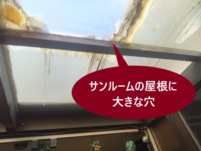 堺市北区にてサンルーム屋根から雨漏り｜過去の台風被害でポリカ中空ボードが破損して大きな穴が開いていました