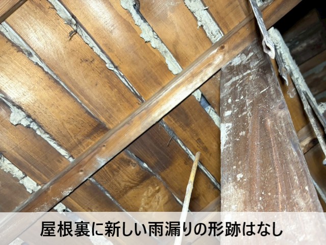 屋根裏に新しい雨漏りの形跡はなし