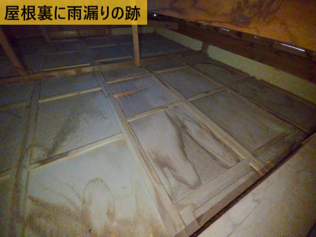 堺市東区で強い雨の日だけ2階天井から雨漏り｜割れた瓦と屋根裏の雨染みを確認
