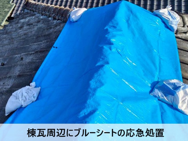 棟瓦周辺にブルーシートの応急処置