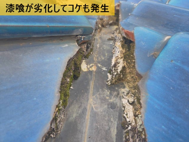 漆喰が劣化してコケも発生