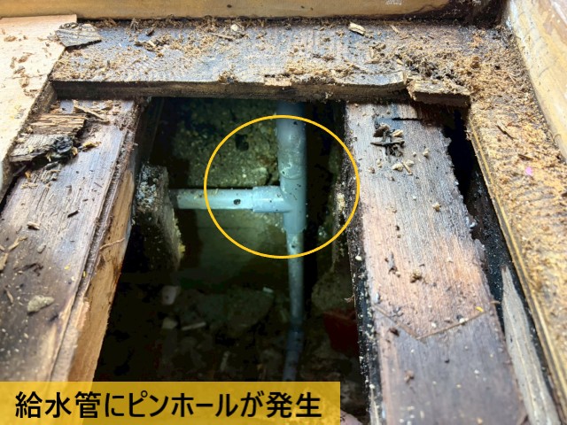 【堺市北区】トイレ床下の水漏れを調査｜給水管のピンホールによる漏水を確認