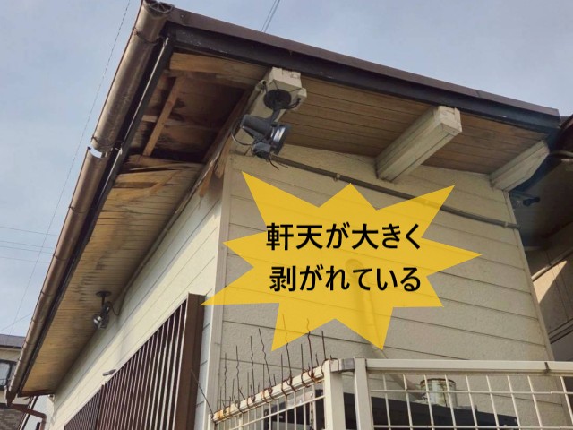 堺市東区にて物置の軒天が剥がれて雨染み発生｜片流れ屋根の勾配不足が原因でした