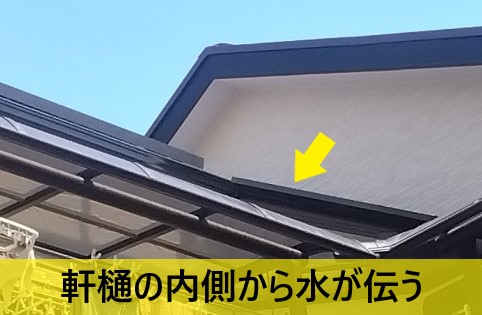 軒樋の内側から水が伝っている