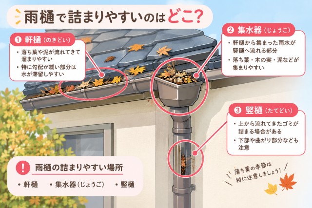 雨樋　詰まりやすい箇所　イラスト