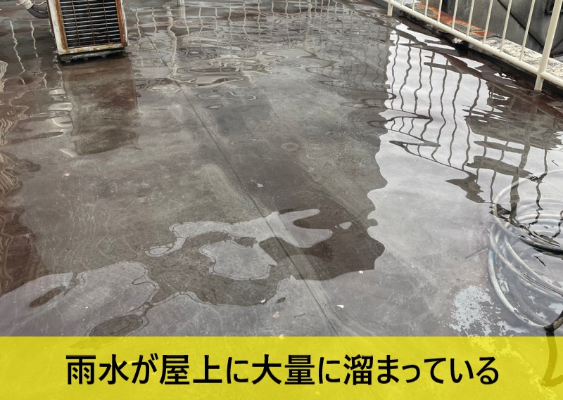 堺市北区の店舗にて雨漏り調査｜屋上の排水口が詰まってプールのように水が溜まり店舗内には甚大な雨漏り被害を受けていました
