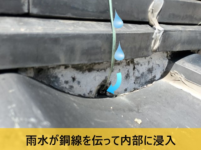 高石市にて築45年の瓦屋根から雨漏り｜瓦にはコーキング・漆喰の施行不良や凍害（凍て割れ）が見られました